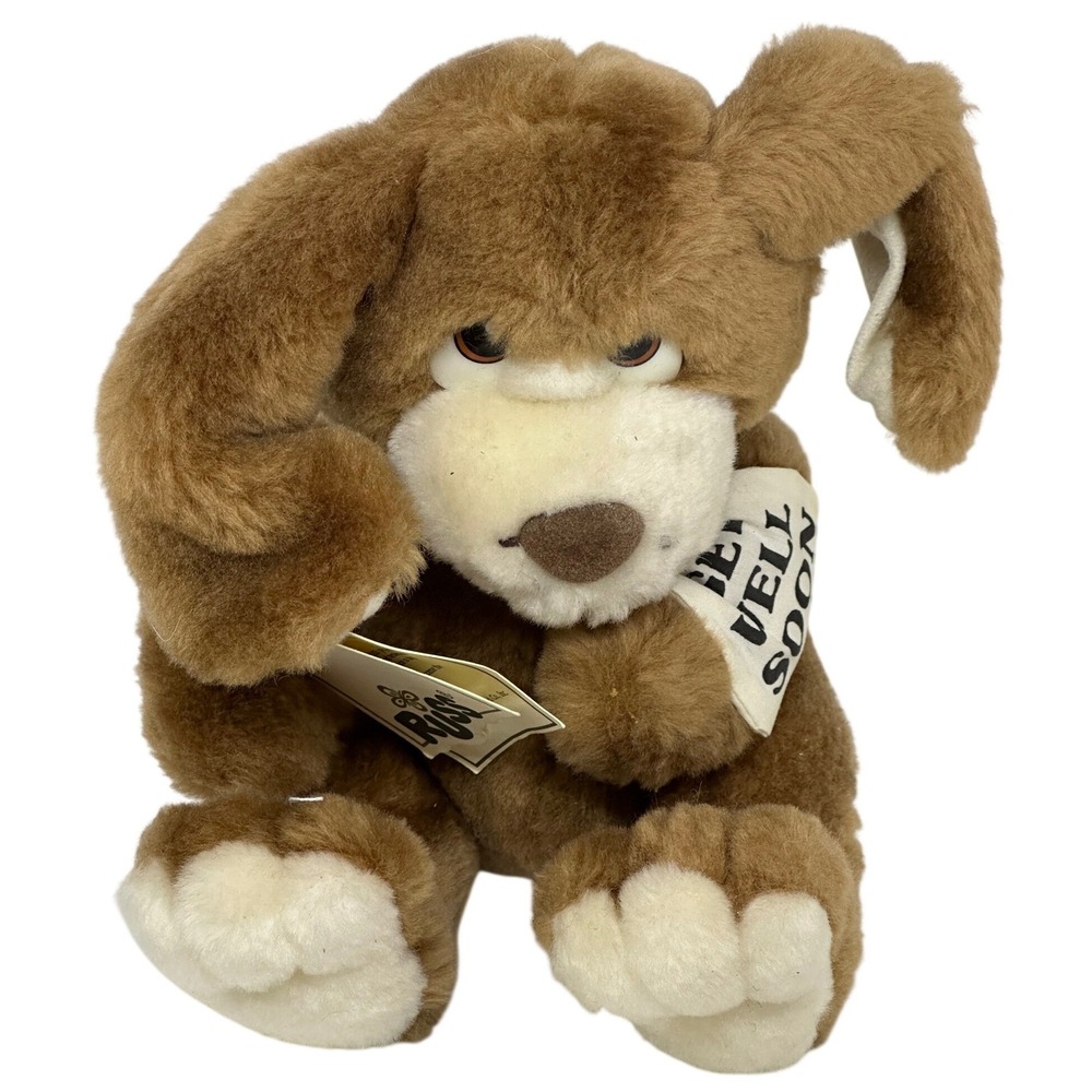VTG Russ Berrie Plush Dog Brown Get Well Soon Bandana Sad Eyes Puppy Stuffed Toy
